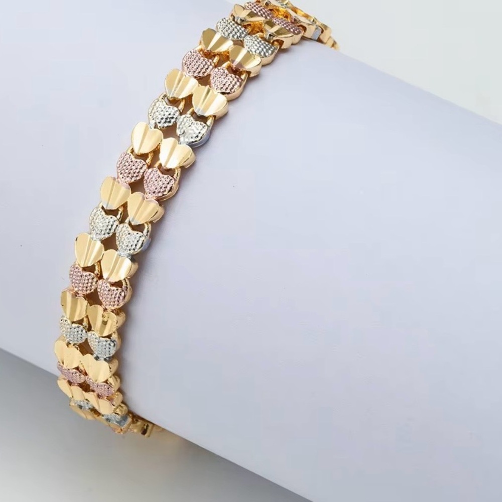 Tri-Tone Heart Link Bracelet - 18K Gold Plated Pink Silver